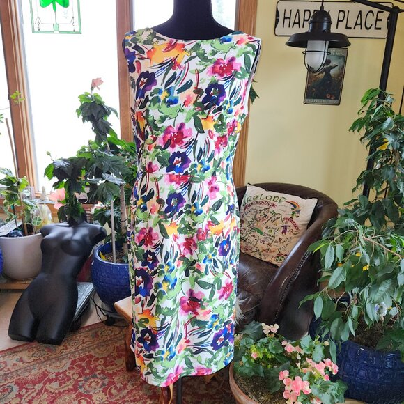 APT9  Abstract Floral Straight Knee Stretch Cottage Core Column Sheath Dress EUC - Picture 1 of 14